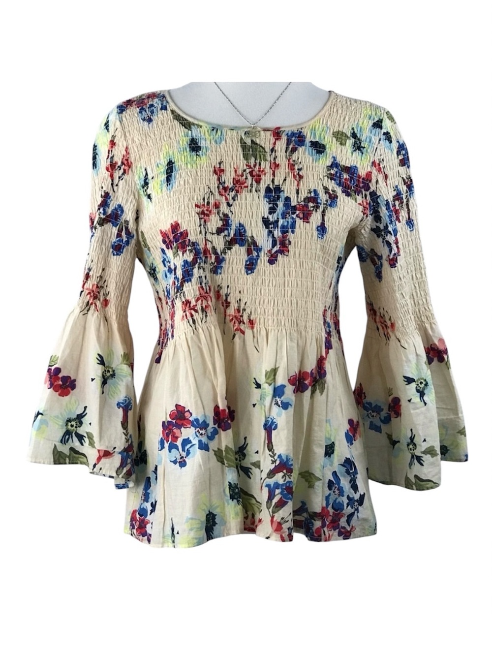 Jane and Delancey 100 % Cotton Floral Peplum Elastic Smocked Top Size S - Picture 1 of 13